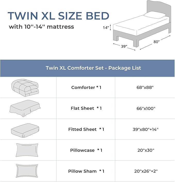 Sasttie Twin XL Comforter Set, 5 Pieces Twin XL Bed in a Bag, Complete Bedding Set Includes Grey Comforter, Flat Sheet, Fitted Sheet, Pillowcase and Pillow Sham, Dark Grey