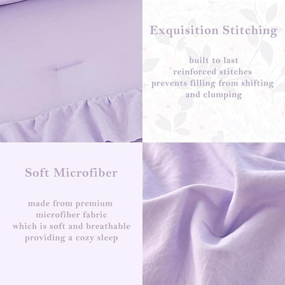 PERFEMET Lavender Purple Twin Bedding Sets for Girls 3 Pieces Multi Layers Ruffle Comforter Set Washed Microfiber Cute Princess Bedding Set Boho Bed Sets for Kids Teens Bedroom(Purple,Twin)