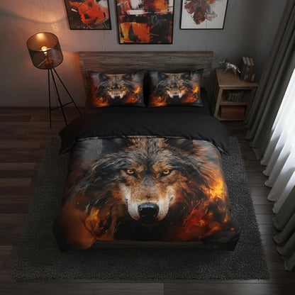 Wolf Comforter Set Full Size, Black and Red Fire Bedding Set, 3 Pieces Animal Print Bedroom Decor with 2 Pillowcases/79 * 90