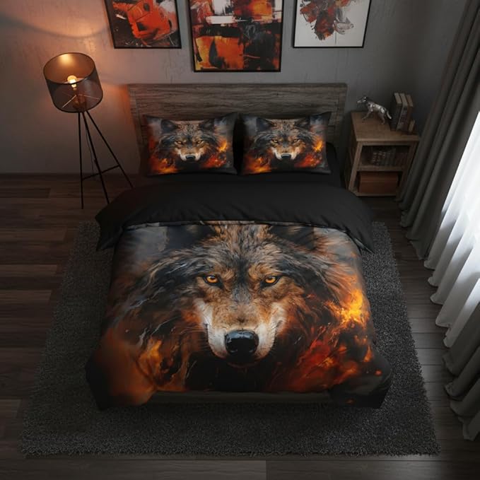 Wolf Comforter Set King Size, Black Red Fire Soft Bedding Set with 2 Pillowcases, Western Animal Print Bedroom Decor, 104''x 90''