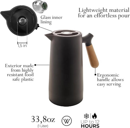 WOLFF - Thermal Coffee Carafe - 34oz / 1L Insulated Plastic Exterior Carafe for Hot or Cold Drinks - Leakproof Coffee and Tea Dispenser with Wood-like Handle and Glass Liner - Black, 34floz/1L