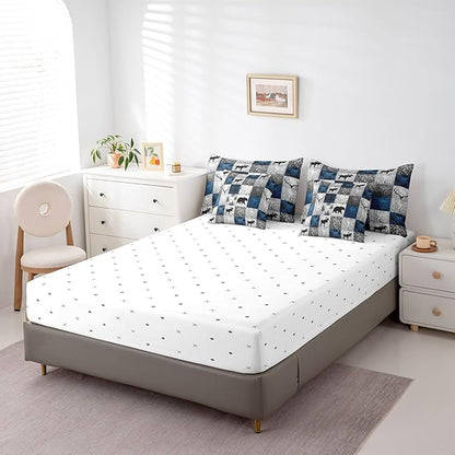 Erosebridal 7 Pcs Hunting Animal Comforter Set Full Size,Rustic Bear Deer Bed in a Bag with Flat Fitted Sheet for Kids and Adults,Camper Plaid Check Bedding Set with Pillowcases and Cushion Cases