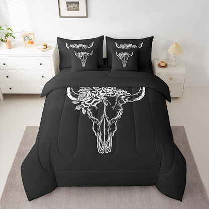Erosebridal Bull Skull 7 Piece Bedding Set Twin Bohemian Comforter Set with Sheets Simple Line Drawing Bull Head Aztec Bed in a Bag Rose Leaf Print Black White for Teens Men Women