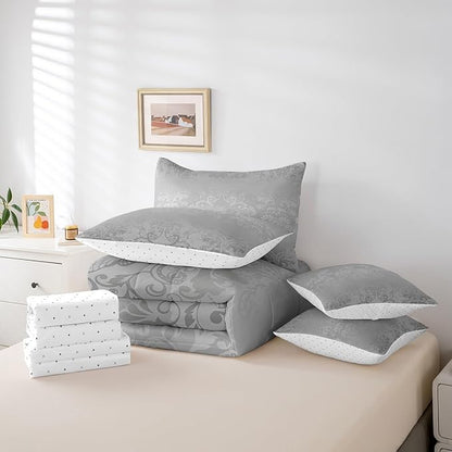 Erosebridal Gothic Damask Comforter Set 7 Piece Bed in a Bag Twin,Exotic Moth Bedding Sets Grey Victorian Floral Goth Sheet Set with Comforter