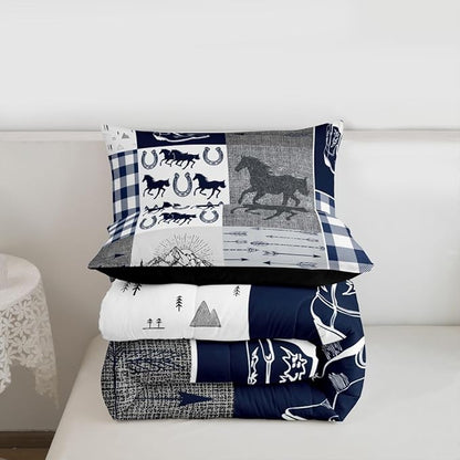 Erosebridal Western Horse Bedding Set King, Southwestern Horseshoe Comforter Set for Boys Teens Adult Bedroom Decor, Vintage Riding Boots Quilt Rustic Adventure Duvet Insert with 2 Pillow Cases