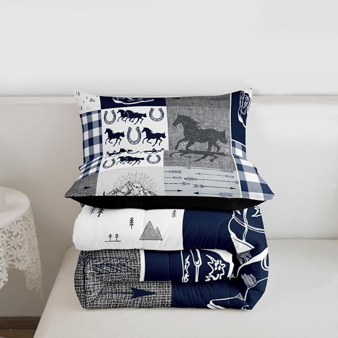 Erosebridal Western Horse Bedding Set Queen, Southwestern Horseshoe Comforter Set for Boys Teens Adult Bedroom Decor, Vintage Riding Boots Quilt Rustic Adventure Duvet Insert with 2 Pillow Cases