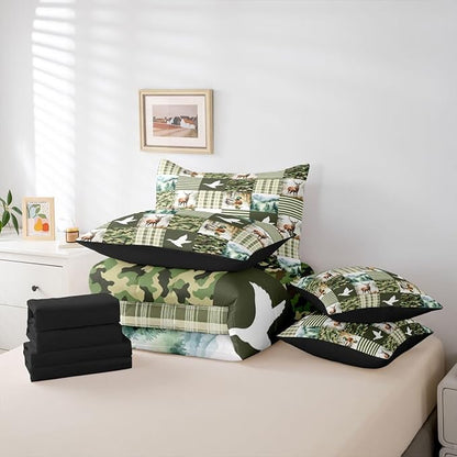 Green Camo Full Size Bed Sheets and Comforter Set | Mallard Duck Camo Deer 7-Piece Bedding Set Mens Country Camouflage Bed in a Bag, Woodland Animals Farmhouse Bed Sets,Cabin Duck Hunting Decor