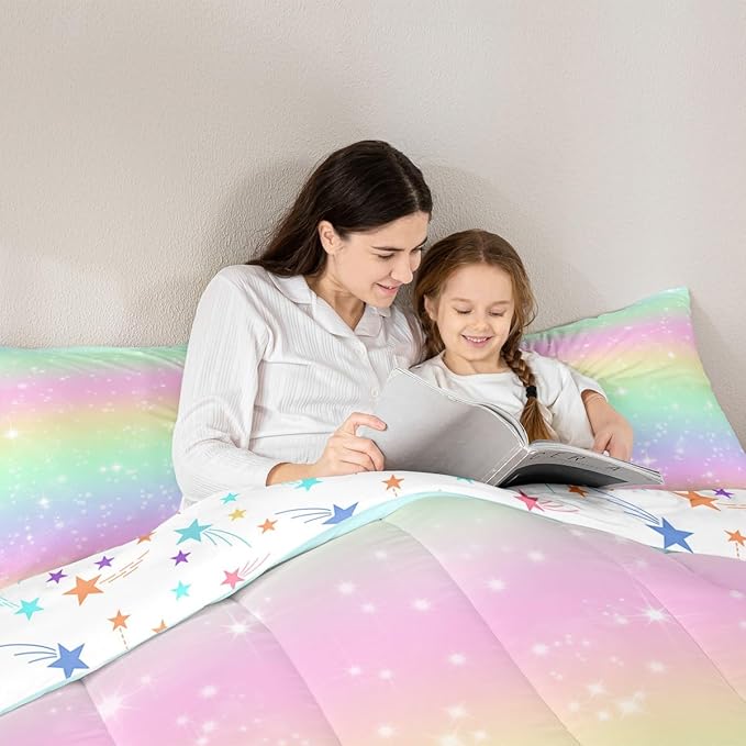 Feelyou Cute Rainbow Comforter Set King Size Lovely Kids Rainbows Bedding Set for Kids Boys Girls Glitter Galaxy Duvet Quilt Multicolor Bedroom Decor Microfiber 3 Pcs with 2 Pillow Cases