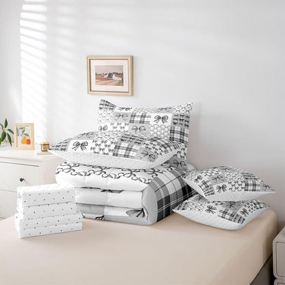 Feelyou Gray Bow Twin Comforter Set with Sheets for Kids Boys Girls Princess Bow 7 Pieces Bedding Set Cute Bowknot Bed in a Bag Kawaii Room Decor Soft Lightweight Microfiber
