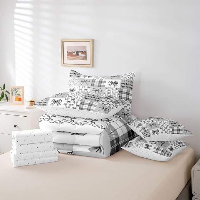 Feelyou Gray Bow Queen Comforter Set with Sheets for Kids Boys Girls Princess Bow 7 Pieces Bedding Set Cute Bowknot Bed in a Bag Kawaii Room Decor Soft Lightweight Microfiber