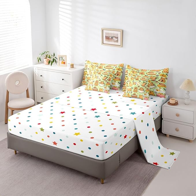 Capybara Themed 7 Pcs Bedding Set King Size,Funny Cute Capybaras Bed in a Bag,Rodent Animals Bed Set Includes Comforter,Sheet Set,Pillowcases & Pillow Covers,Yummy Desserts Love Hearts Bedroom Decor