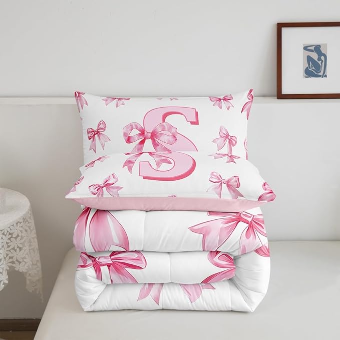 Erosebridal Dreamy Bow Bedding Comforter Sets Pink Monogrammed S Comforter Set Initial Letter S Bowknot Bedding Set Twin Size for Kids Girls Teen Women,Kawaii Girly Princess Quilt Duvet