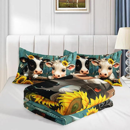 Cute Cow Print Comforter Set Twin Size Sunflower Highland Cow Bedding Set Farm Animals Cow on Fence Quilt Bed Set with 1 Comforter and 2 Pillowcases for Kids Boys Girls Room Decor, D-cow2