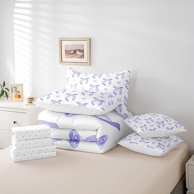 jejeloiu Cute Purple Bow 7 Piece Bedding Set Queen Size Ribbon Bow Comforter Set with Sheets for Kids Women Cartoon Love Heart Bed in a Bag Purple White Bed Set