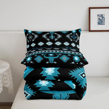 Feelyou Kids Western Decor Bedding Set Toddler Size Southwestern Aztec Comforter Set for Boys Girls Ethnic Tribal Bull Skull Duvet Quilt