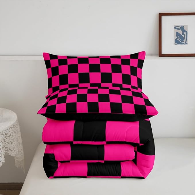 Feelyou Checkered Bedding Set Teen Women Men Dark Red Black Plaid Comforter Set Queen Size Kids Boys Girls Cute Retro Neutral Checkerboard Geometric Duvet Insert Vintage Aesthetic Room Decor