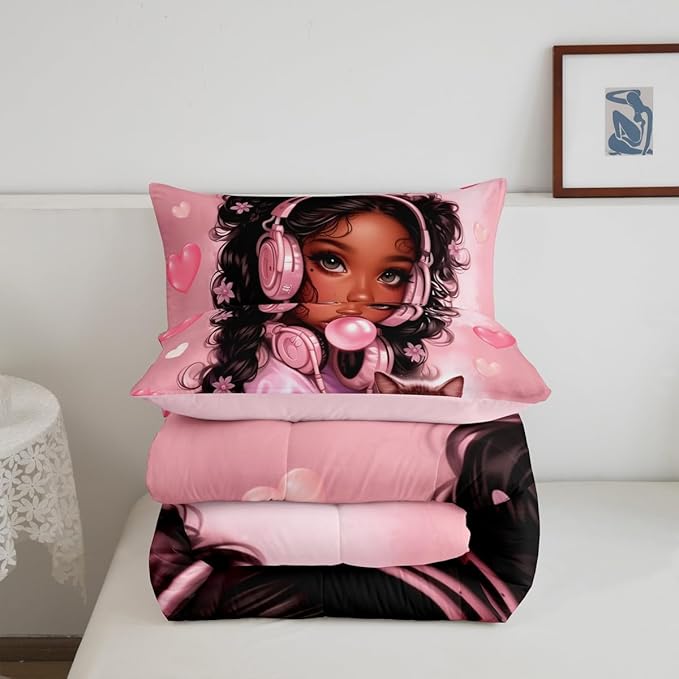 Black Skin Girl Kids Comforter Set Toddler Size,Loce Heart Cute Cat Animal Pet Bedding Set,Girls Women Room Decor,Afro American Theme Princess Down Comforter,Pink Dreamy Duvet Insert,1 Pillowcase