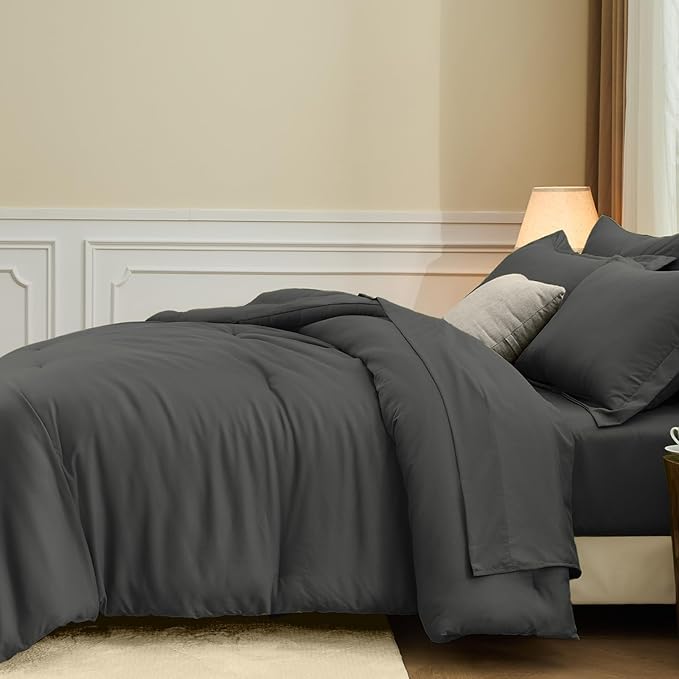 FUANNA Queen Comforter Set Dark Grey, 7 Pieces Soft Bedding Sets Queen Size, All Season Lightweight Bed in a Bag with Comforter, Flat Sheet, Fitted Sheet, Pillowcases & Shams