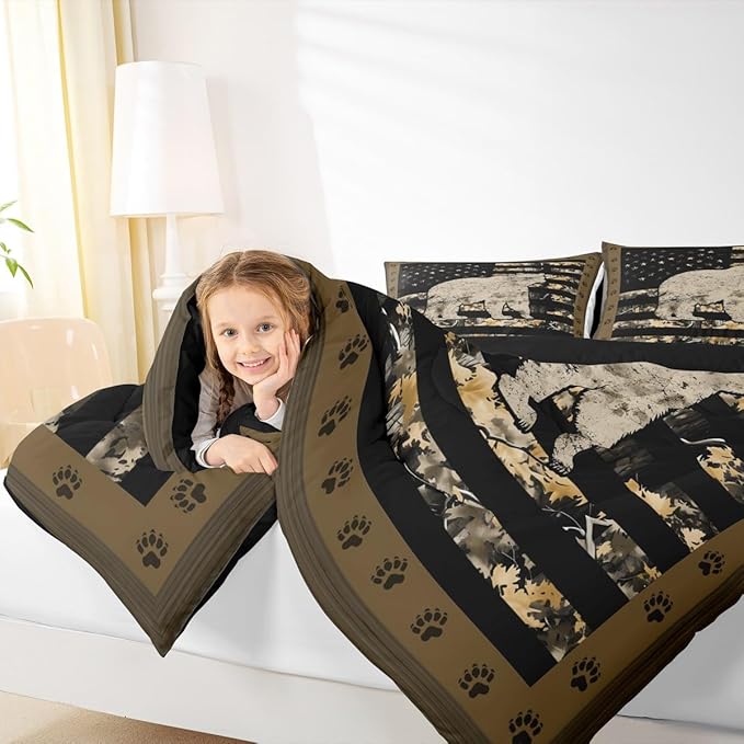 Feelyou Gray Bear Bedding Set Wild Animal Comforter Set for Kids Boys Girls Camo Tree Branches Comforter American Flag Quilt Set with 1 Pillowcase 2Pcs Bedding Twin