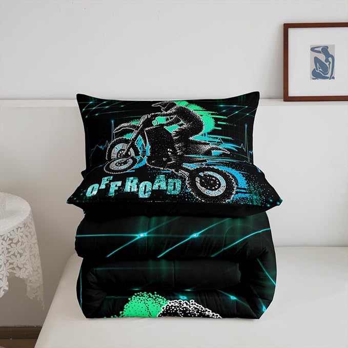 Feelyou Dirt Bike Comforter Set Full Size Extreme Sports Comforter Racing Motocross Rider Bedding Set Motorcycle Duvet Set Room Decor Blue Green Quilt Set