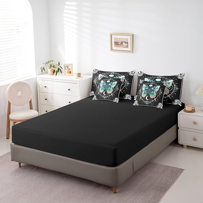 Feelyou Death Moth Bedding Set with Comforter, Skull Decor Comforter Queen Size 7Pcs Halloween Decorations Bed in a Bag with Comforter, Boho Moth Gothic Flat Sheet, Fitted Sheet, Pillowcases