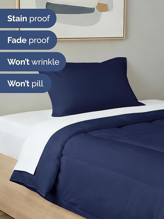 Twin Comforter Set - 2 Piece Bed Set for All Seasons - 1 Soft Quilted Comforter with Corner Tabs & 1 Pillow Sham - Comfy, Cozy & Breathable - Premium Down Duvet Insert, Oeko-TEX - Twin Size, Navy Blue