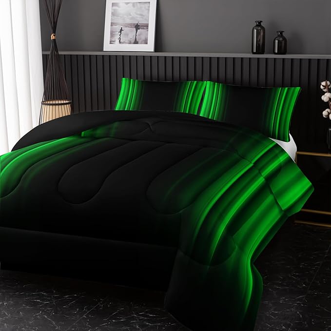 Green and Black Bedding Set Full Size Abstract Ombre Comforter Set for Teen Boys, Mordern Bedding Set 3 Piece in A Bag,Dark Quilt Set Mordern Art Decor Lightweight All Seasons with Pillowcases
