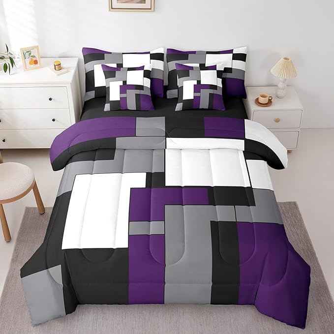 Erosebridal 7 Pcs Purple Black White Comforter Set Full Size,Geometric Bed in a Bag with Flat Sheet and Fitted Sheet for Kids and Adults,Modern Square Bedding Set with Pillowcases and Cushion Cases