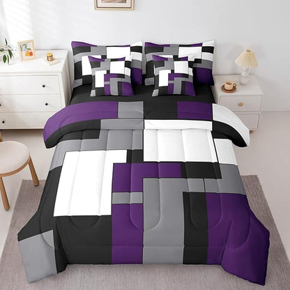 Erosebridal 7 Pcs Purple Black White Comforter Set Full Size,Geometric Bed in a Bag with Flat Sheet and Fitted Sheet for Kids and Adults,Modern Square Bedding Set with Pillowcases and Cushion Cases