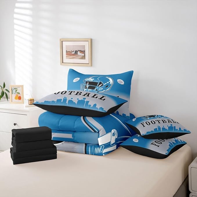 Erosebridal Football King Bed in A Bag American Rugby Sports 7 Pcs Bedding Set Sports Games Comforter Set with Sheets for Kids Boys Teen,Blue Grey Ombre Football City Sheet Set with Comforter