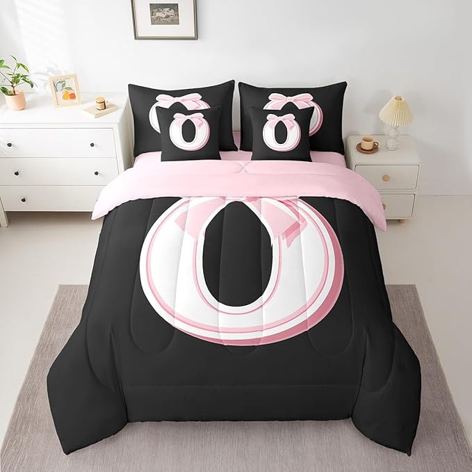 jejeloiu Kawaii Pink Bow Twin Comforter Set with Sheets,Gifts for Women Teen Girl,Monogrammed 7 Piece Bedding Set,Soft Personalized Initial Letter O Bed in a Bag with Comforter,Sheets,Pillowcases