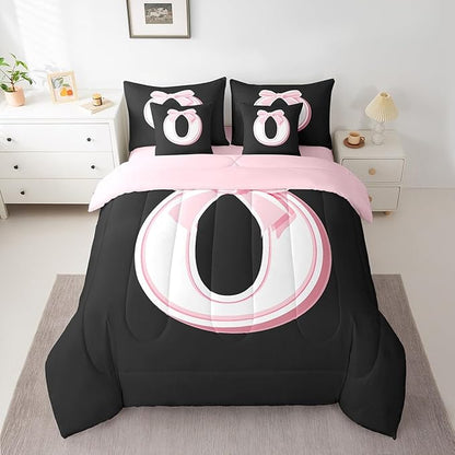 jejeloiu Kawaii Pink Bow Twin Comforter Set with Sheets,Gifts for Women Teen Girl,Monogrammed 7 Piece Bedding Set,Soft Personalized Initial Letter O Bed in a Bag with Comforter,Sheets,Pillowcases