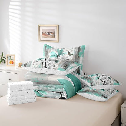 Feelyou Flower Comforter Set Full Size 7 Pieces Vintage Floral Bedding Set for All Season Butterfly Garden Flower Bed in a Bag with Comforter, Sheets, Pillowcases & Cushion Cover