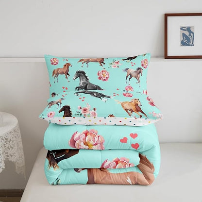 Horse Queen Comforter for Girls,Kawaii Farmhouse Horse Print Bedding Sets for Cowboy Cowgirl,Rustic Wild Animal Quilt Set,Watercolor Rose Flowers Leaves Duvet Insert with 2 Pillow Shams Lightweight