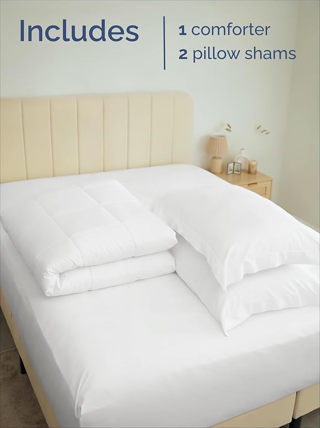 King Comforter Set - 3 Piece Bed Set for All Seasons - 1 Soft Quilted Comforter with Corner Tabs & 2 Pillow Shams - Comfy, Cozy & Breathable - Premium Down Duvet Insert - Oeko-TEX - King Size, White
