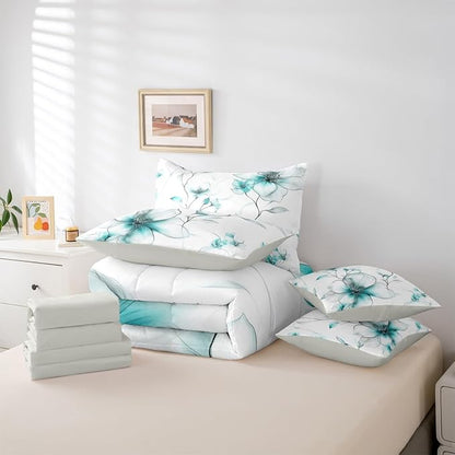 Erosebridal Boho Flower Twin Comforter Set with Sheets, Teal Floral 7 Pcs Bedding Set, Ink Painting Style Blossom & Leaf Bed in A Bag, Chic Watercolor Floral Elegant Bed Sets for Women Girls Adults