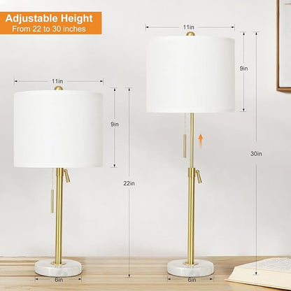 Table Lamps for Bedrooms Set of 2, 22" to 30" Height Adjustable Nightstand Lamps with Linen Shade, Pull Chain Switch Lamps for Living Room, 3 Way Dimmable Beside Lamp