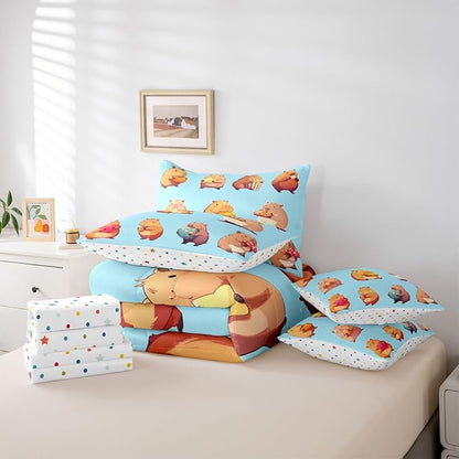 Erosebridal Funny Capybaras 7 Pieces Bedding Set King,Capybara Lover Bed in a Bag,Cartoon Rodents Bed Set Includes Comforter,Sheet Set,Pillowcases & Pillow Covers,Blue Khaki Capybara Bedroom Decor