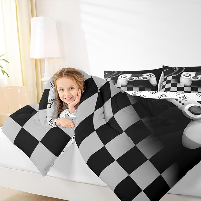 Erosebridal Gamer Comforter Set King,Gaming Bedding Set for Kids Teens,Black and Grey Buffalo Plaid Reversible Duvet Insert,Novelty Gamepad Pattern Down Comforter with 2 Pillow Shams Lightweight