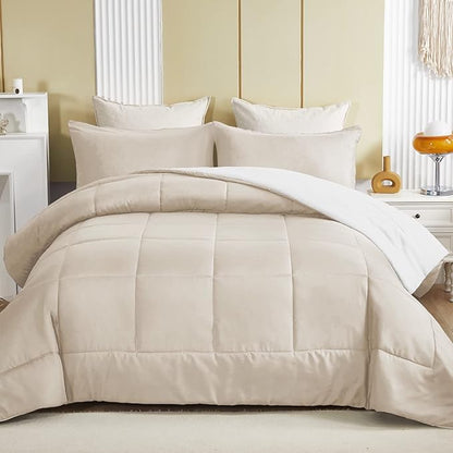 Exclusivo Mezcla Lightweight Reversible Full Queen Size Comforter Set, Down Alternative Comforter with 2 Pillow Sham, Full Queen Size Bedding Set for All Seasons, Brich Beige/White