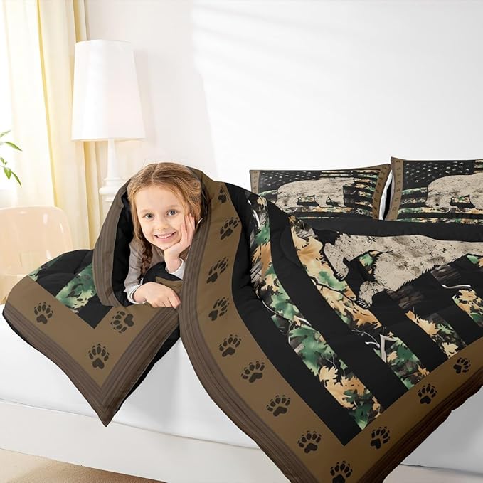 Feelyou Gray Bear Bedding Set Wild Animal Comforter Set for Kids Boys Girls Camo Tree Branches Comforter American Flag Quilt Set with 2 Pillowcases 3Pcs Bedding Full