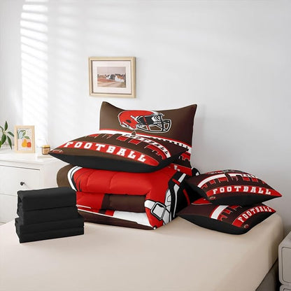 Erosebridal Football City 7 Pcs Comforter Set King Football Bedding for Boys Girls Brown Red Rugby Game Sheet Set Bed in A Bag Football Fans Bedroom Decor Sports Ball Team Quilt