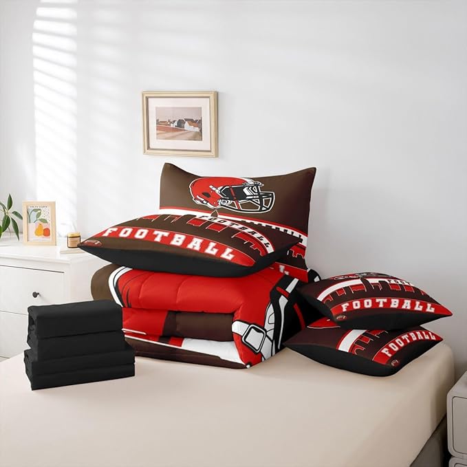 Erosebridal Football City 7 Pcs Comforter Set Full Football Bedding for Boys Girls Brown Red Rugby Game Sheet Set Bed in A Bag Football Fans Bedroom Decor Sports Ball Team Quilt