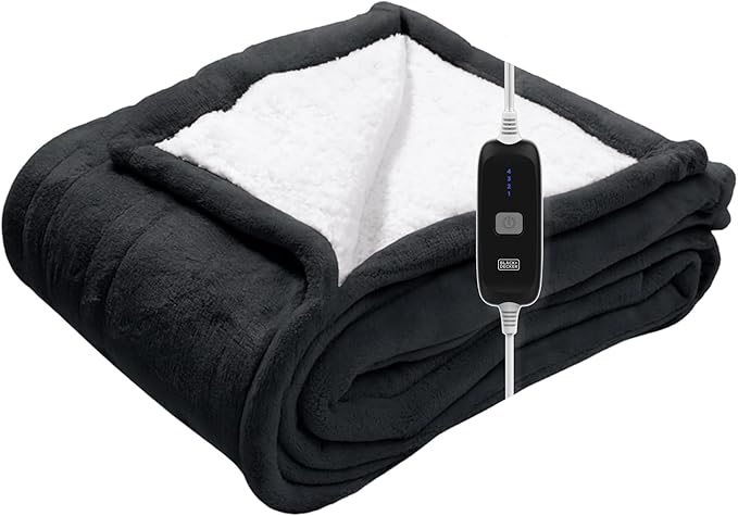 BLACK+DECKER Heated Blanket Electric Throw, Faux Shearling Electric Blanket, Heating Blanket with 4 Heating Levels, 3H Timer, Auto Shutoff, Fast Heating (50x60 inches, Black)