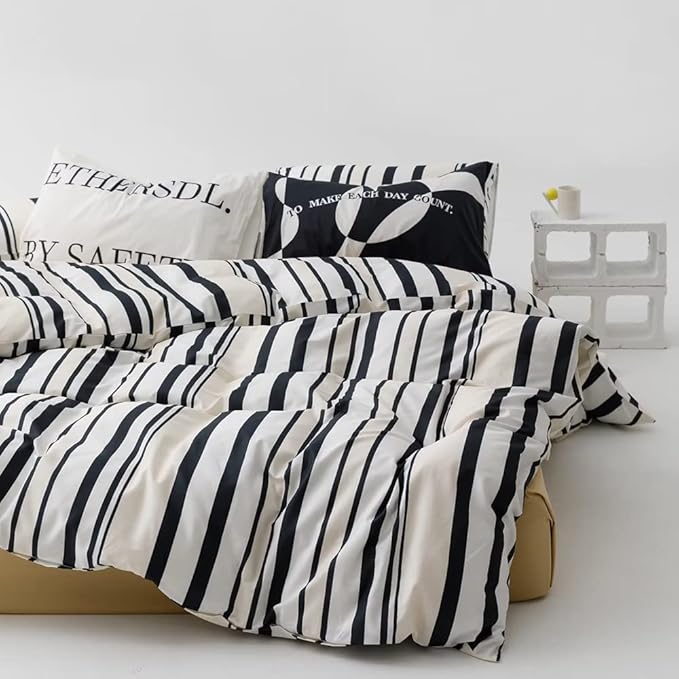 CLOTHKNOW Striped Comforter Sets California King 3Pcs Black White Beige Bedding Comforter Sets White Stripes Comforter Beige Bedding Sets