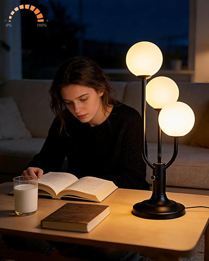 Modern Black Table Lamp for Bedroom, 3-Globe Dimmable Small Desk Lamp 3000K Warmwhite Nightstand Lamp Bedside Lamps for Living Room End Table(G9 Bulb Included)