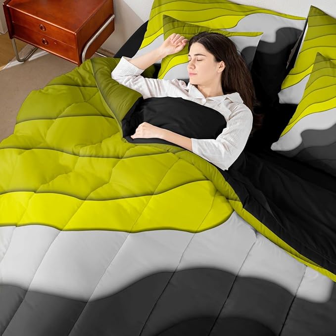 Yellow Grey Black Ombre Bedding King Size 7-Piece Kids Teens Adults Geometric Stripe Comforter Set, Aesthetic Wave Bedding Comforter Sets Modern Abstract Bed in a Bag, Gradient Bedding Accessories