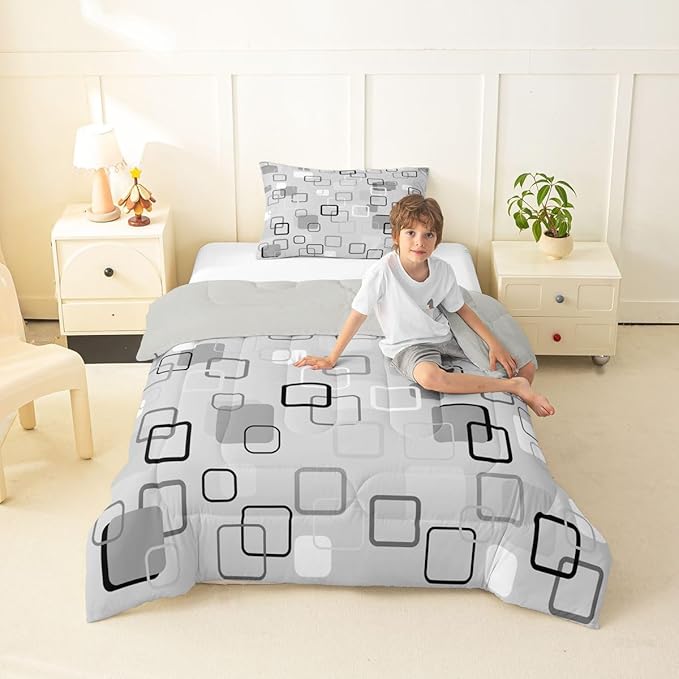 Erosebridal Gray Abstract Squares Bedding Set Twin Modern Aesthetic Geometric Comforter Set for Kids Girls Boys Minimalist Striped Down Comforter Boho Neutral Plaid Quilt Duvet