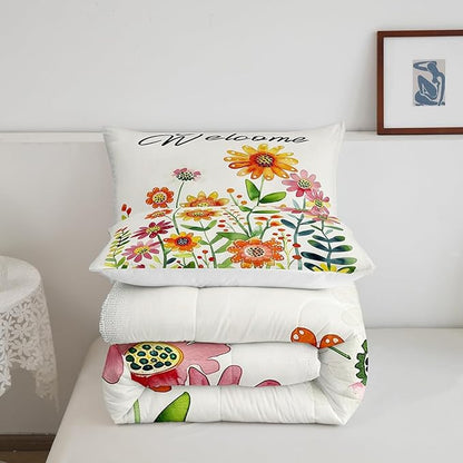 Erosebridal Sunflower Daisy Bedding Set for Kids Rustic Flowers King Comforter Set for Boys Girls,Watercolor Country Farmhouse Floral Bedding Comforter Sets Cute Cartoon Garden Botanical Bed Set