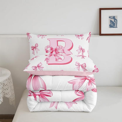 Erosebridal Pink Bowknot Queen Bedding Set for Girls,Initial Letter B Comforter Set for Kids Teen Women Room Decor,Pink Monogrammed Bedding Comforter Sets Dreamy Princess Bow Quilt Duvet